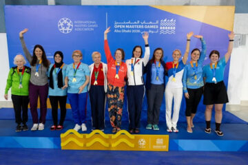 Swimmers on podium at masters open games in Abu Dhabi