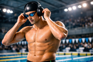 Swimmer with headphones on pre-race