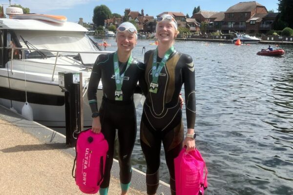 swimmers at finish of Thames Marathon